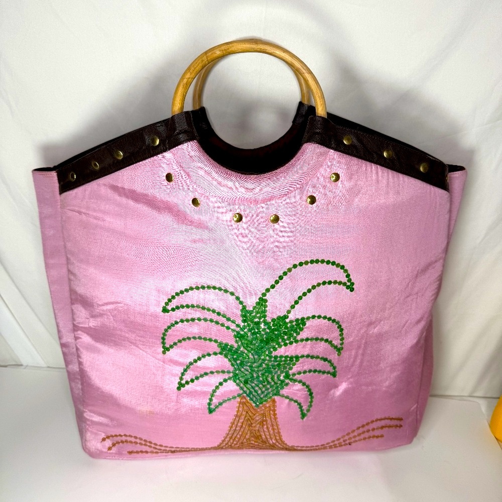 Just Beaded Wooden Handles Pink and Brown Tote Sparkles